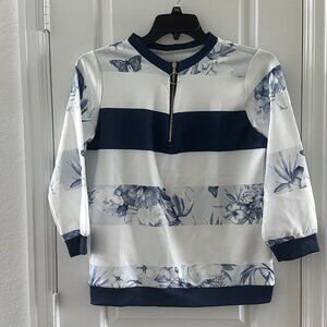 Blue & White Striped Floral Sweatshirt With Half-Zip & Ring Pull